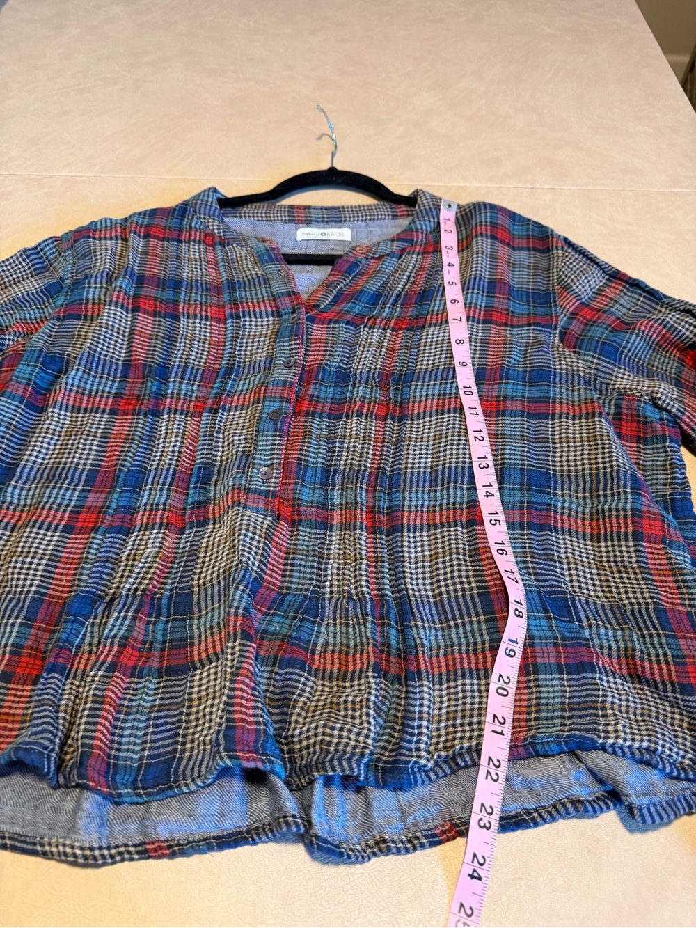 NATURAL LIFE 🤠 Plaid 3/4 Button Down Top in Navy, Red and Gray - Picture 4 of 5